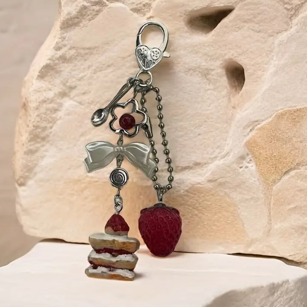 Strawberry Cake Keychain with Silver Accents
